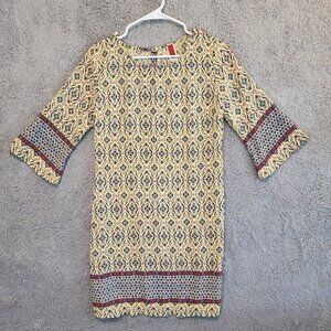 GiBiu Mini Dress Above Knee Yellow Blue Pink Sz Small Damask Style Pattern